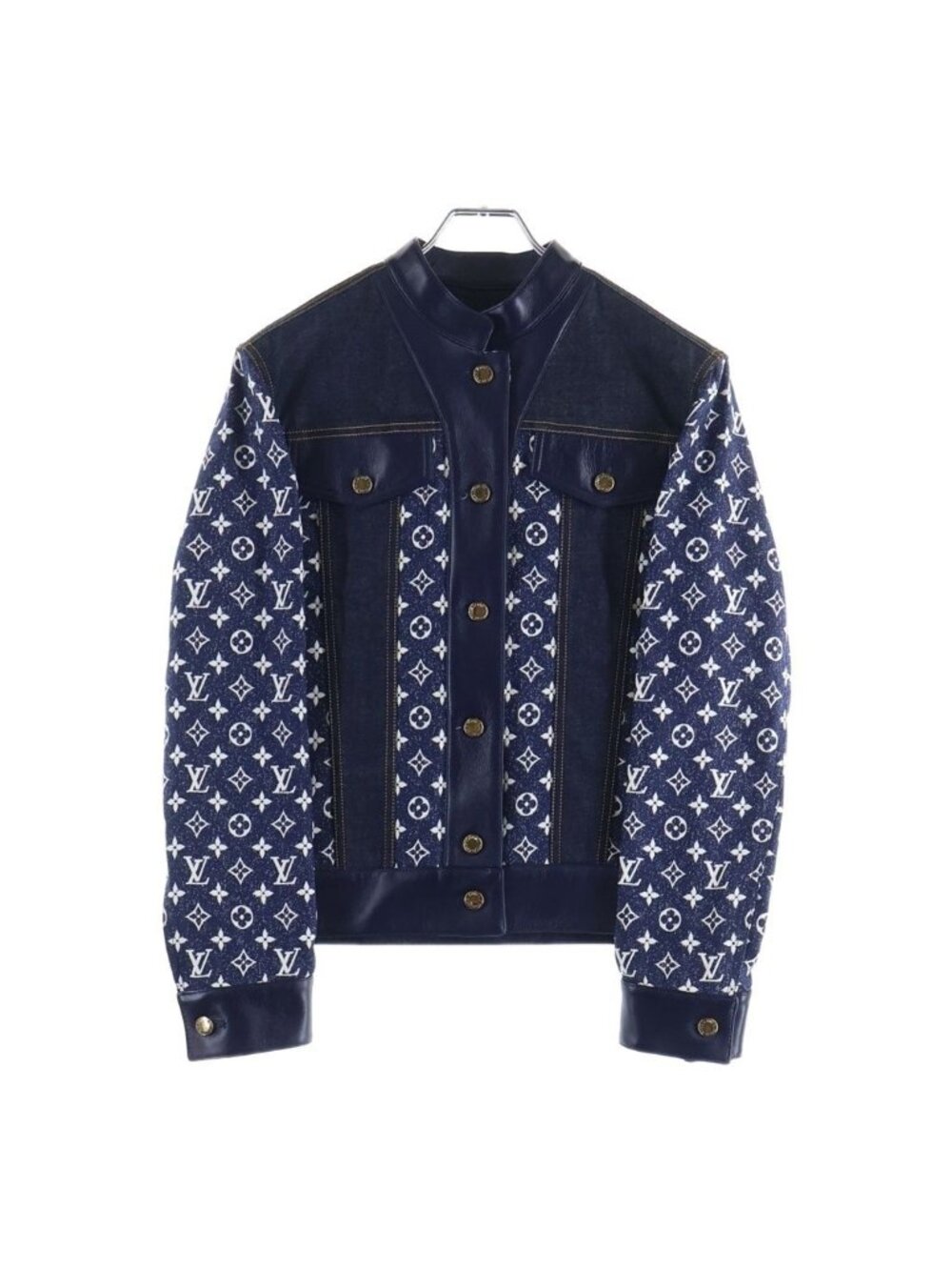 Louis Vuitton Monogram All Over Pattern Leather Trim Denim Trucker Jacket Navy